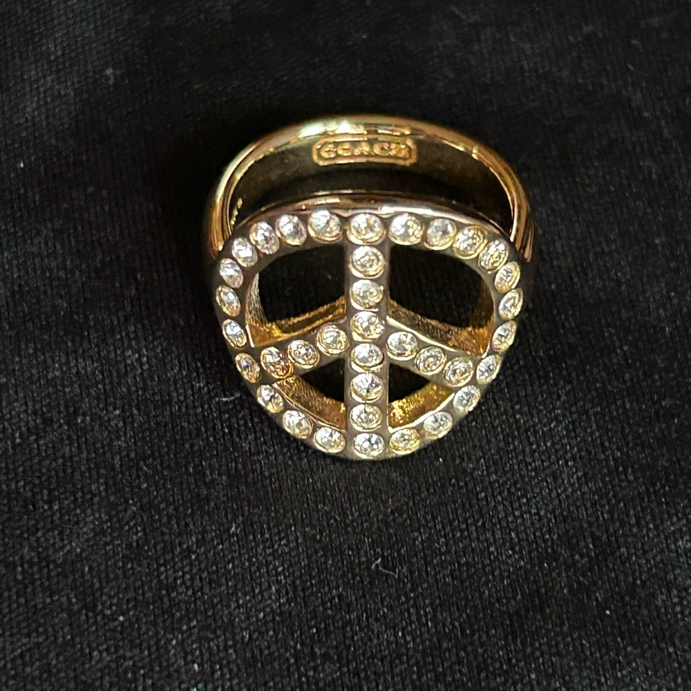 Coach Gold Peace Sign Ring with Pave Crystals. Size 7